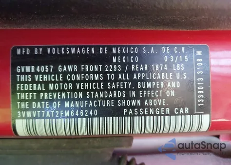 2015 Volkswagen Beetle 2.0T R-Line z USA, uszkodzony, nr VIN 3VWVT7AT2FM646240